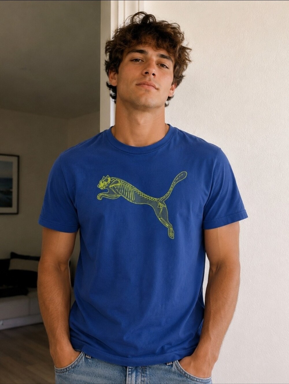 Puma blue & yellow puma skeleton T-shirt Size M Men's Gym Athletes Active Wear